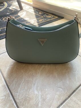 GUESS Sage Green Crescent Shoulder Bag with Silver Logo Beautiful color